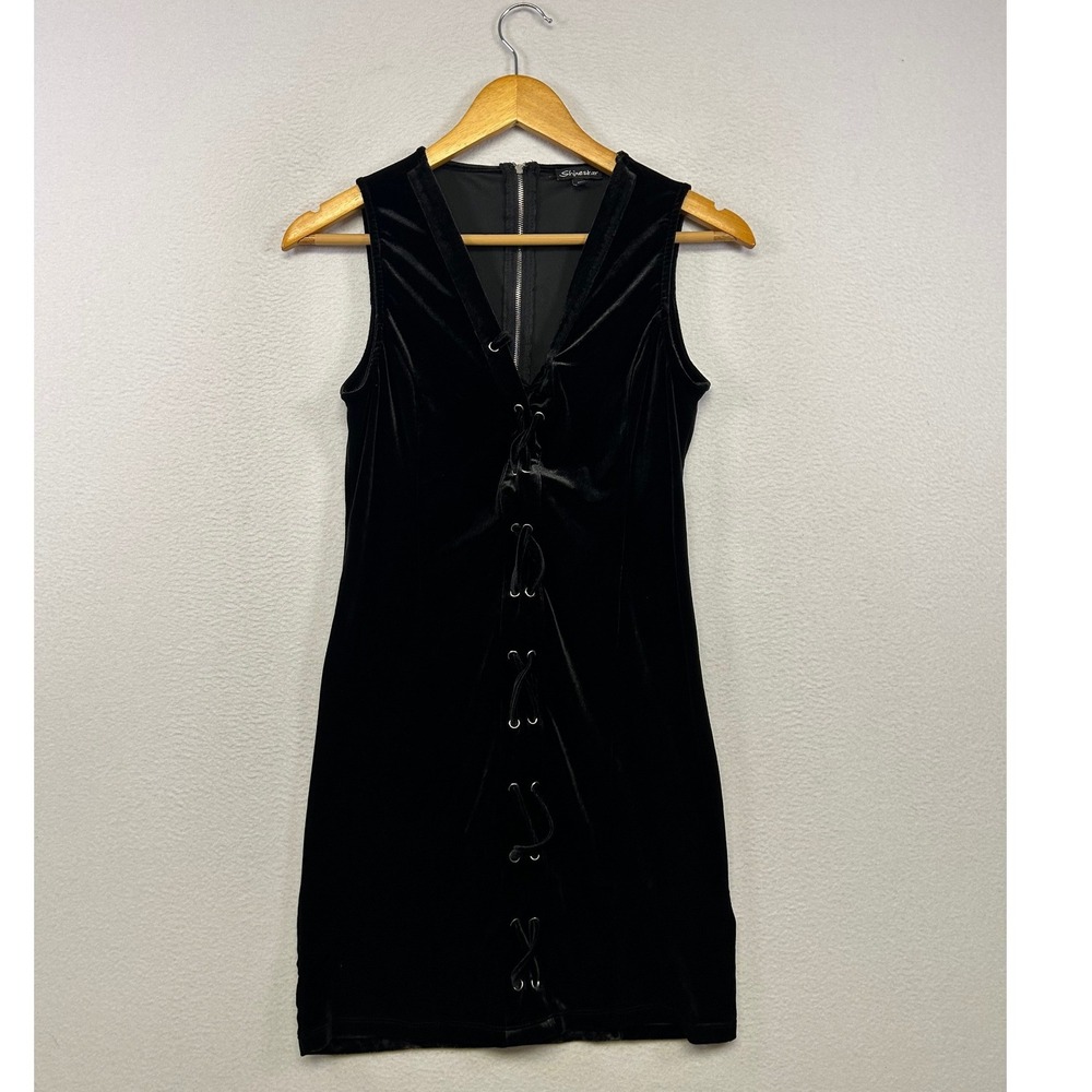 Gothic Grunge Shinestar Womens Medium Black Velvet Lace Up Front Mini Dress